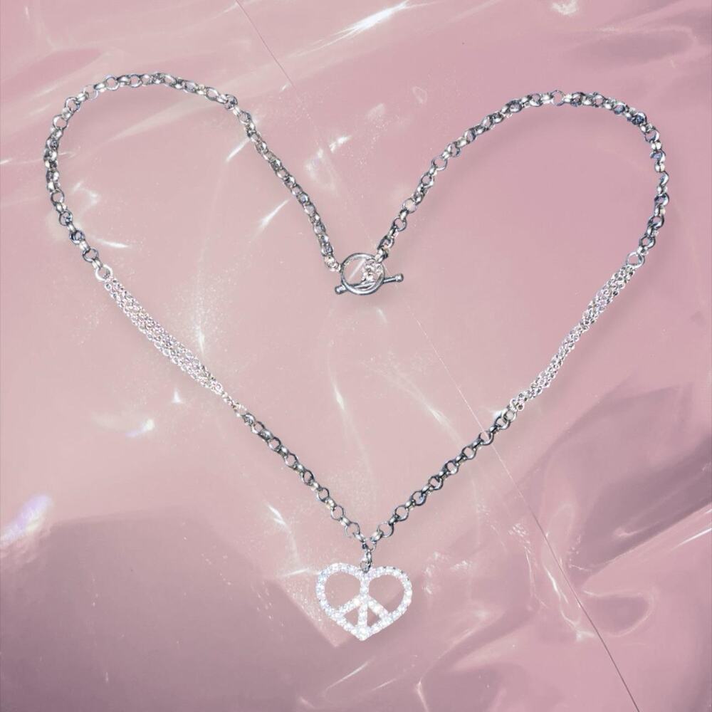 Y2K Romantic 925 Sterling Silver peace heart pendant necklace with mixed chain